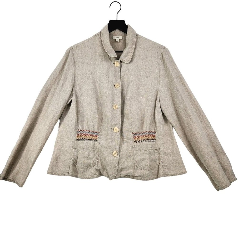 j.jill Blazer Womens Medium Linen Tan Button Down Embroidery‎ Pockets Collared